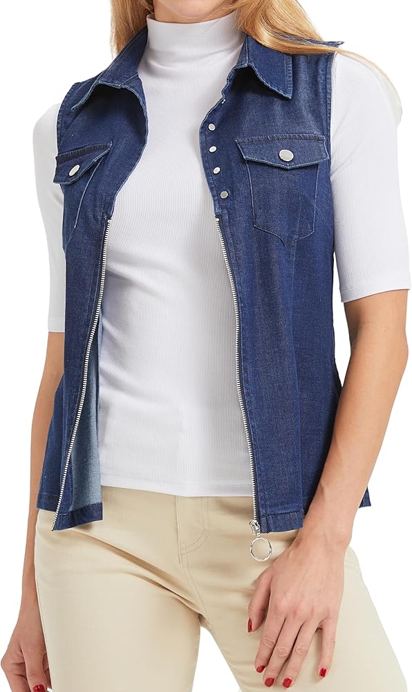 Casual Denim Outerwear Vests for Women Sleeveless Jacket Tops Waistcoat with Pockets Button and Zipper