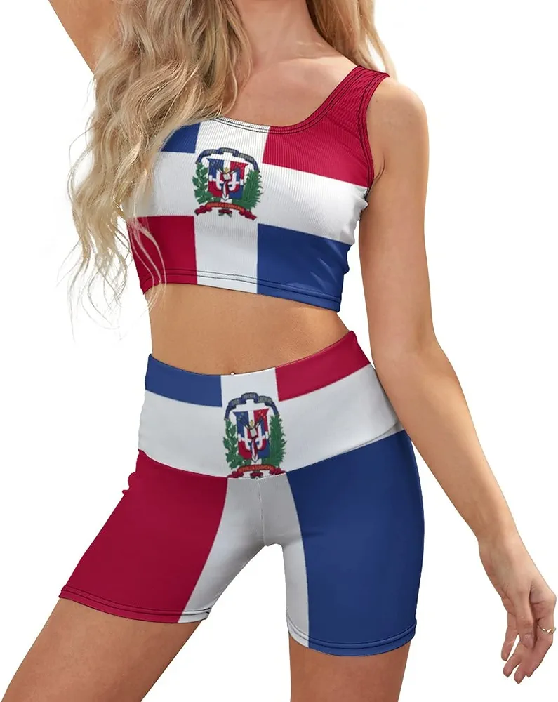 Dominican Flag Sports Bras for Women Short Crop Top Yoga Tank and Leggings Set Tracksuits 2 Piece M