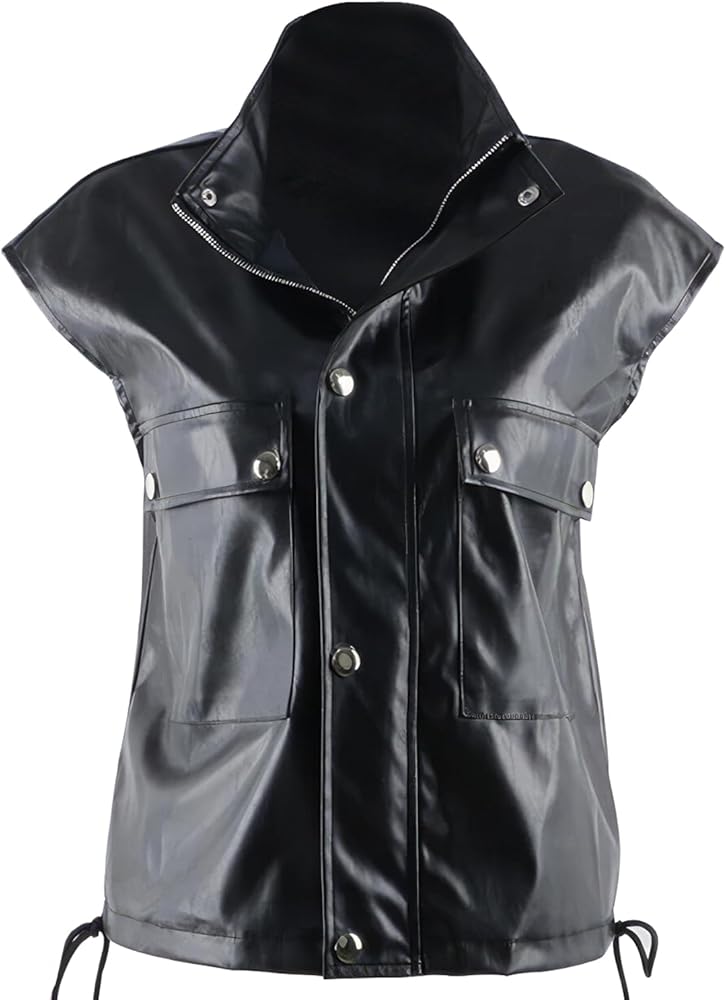 Women’s Black Genuine Sheepskin Leather Biker Stand Collar Sleeveless Vest Moto Café Racer Loose Waistcoat Jacket