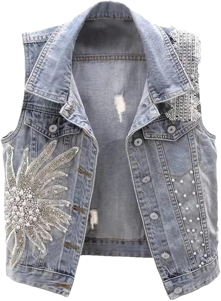 Women Pearls Vest Coat Ripped Autumn Jeans Jacket Sleeveless Loose Short Coat Waistcoats