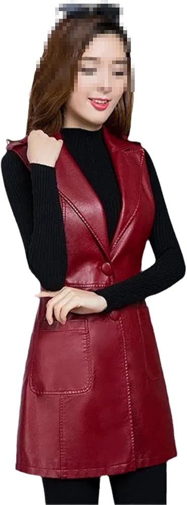 Women's Faux Leather Vest PU Autumn Jacket Sleeveless Vest Mid Long Waistcoat Outerwear