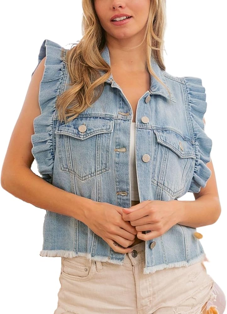 Women's Distressed Ruffled Sleeveless Denim Vest Button Down Frayed Hem Jean Jacket Turn Down Collar Waistcoat