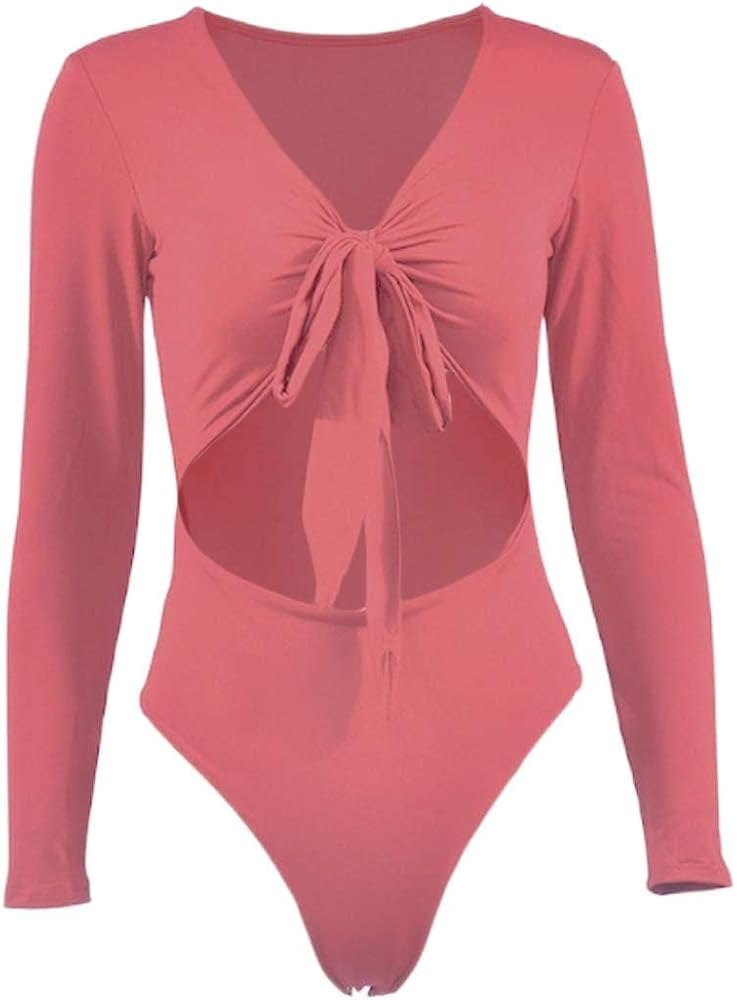 Fuyingda Sexy Lacing Hollow Top Women's Slim Deep Low Collar Long Sleeved Jumpsuit Solid Color Bodysuit