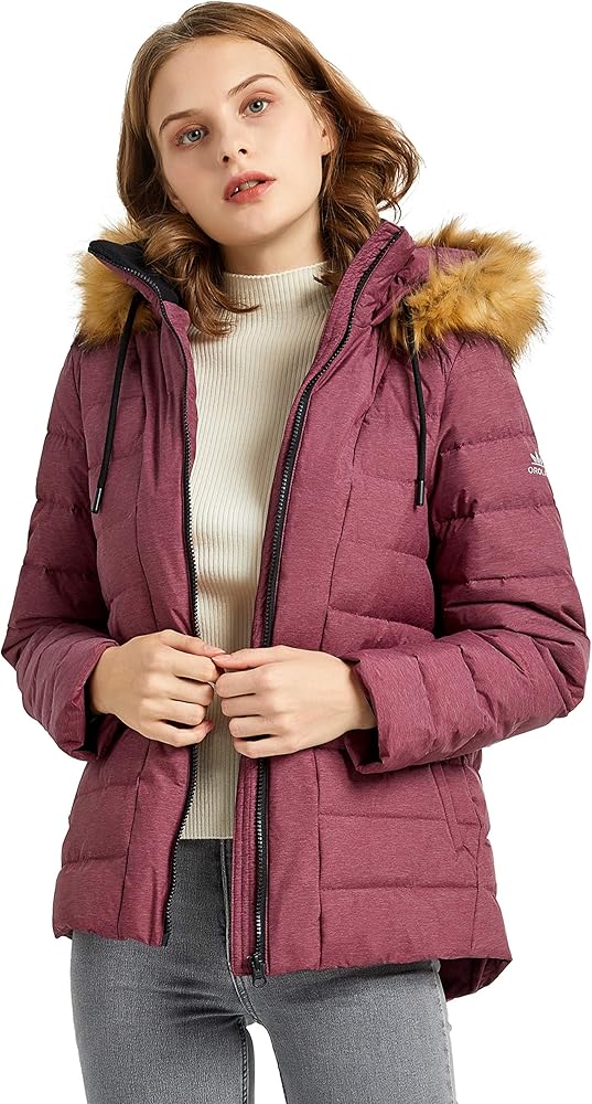 Orolay Women's Winter Down Coat Inner Pocket Snap Puffer Jacket with Fur Hood