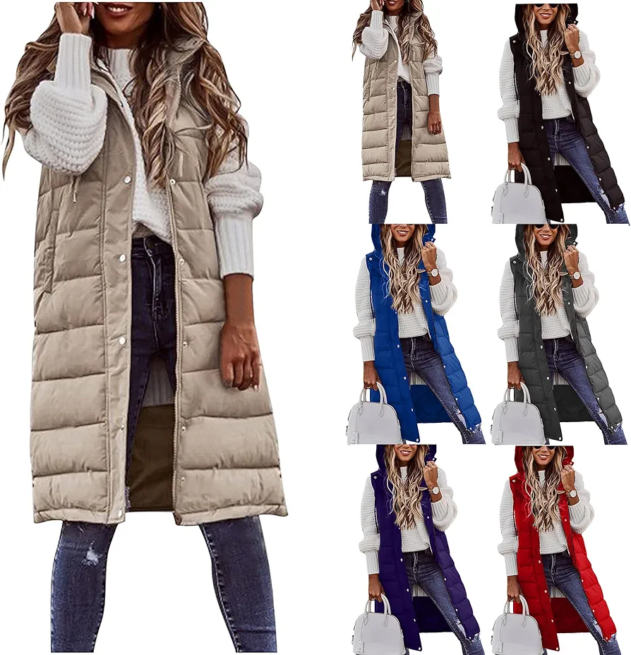 Women's Plus Size Long Down Vest Hooded Sleeveless Long Coats Jacket Thick Slim Zipper Warm Coat Puffer Vest Outerwear