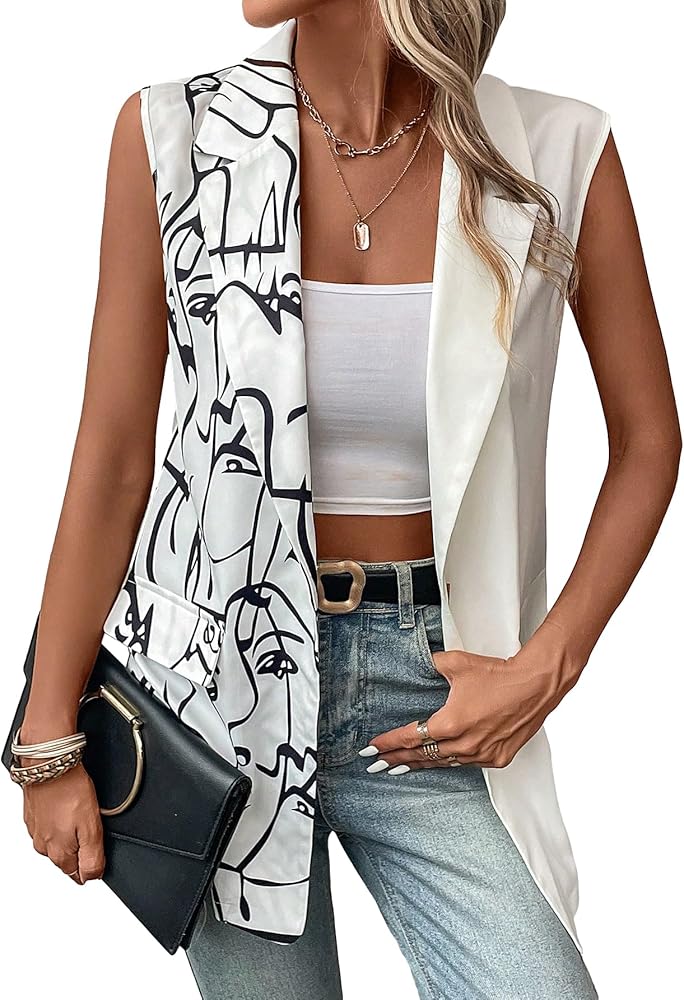 WDIRARA Women's Figure Graphic Print Single Breasted Sleeveless Casual Blazer Office Wear Vest Jacket