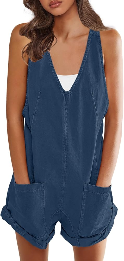 SENSERISE Womens Overalls Shorts Denim Romper V Neck Sleeveless Shortall Loose Fit Jumpsuit with Pockets