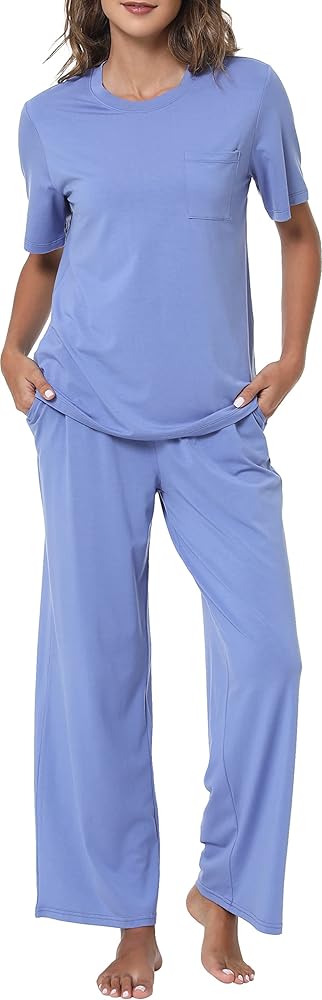 GYS Women's Pajama Set - Viscose Made from Bamboo, Short Sleeve Sleepwear with Pants Soft Pjs Lounge Set