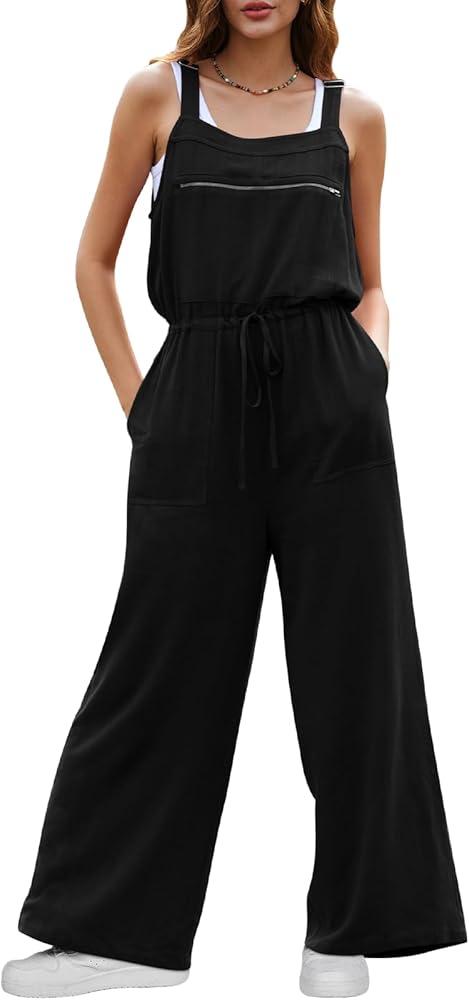 DEEP SELF Women's Overalls Summer Causal Loose Sleeveless Jumpsuit Adjustable Straps Wide Leg Bib Pants with Zipper Pockets