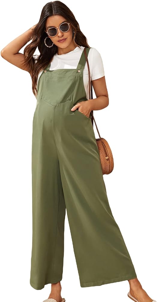 OYOANGLE Women's Maternity Overalls Button Straps Casual Sleeveless Long Wide Leg Loose Pants Jumpsuit with Pockets