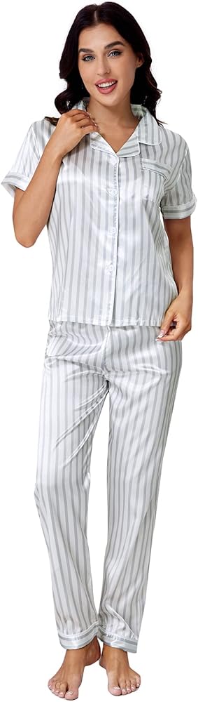 WDIRARA Women's Sleepwear Striped Satin Short Sleeve Shirt and Pants Pajama Set