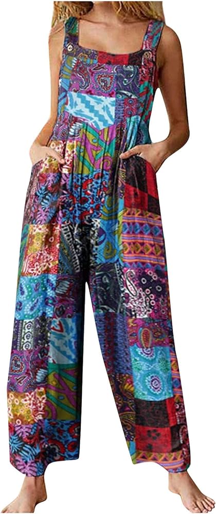 Women's Jumpsuits Style Patchwork Printed Button Up Jumpsuit With Straps Trousers Clothing Jumpsuit 2024