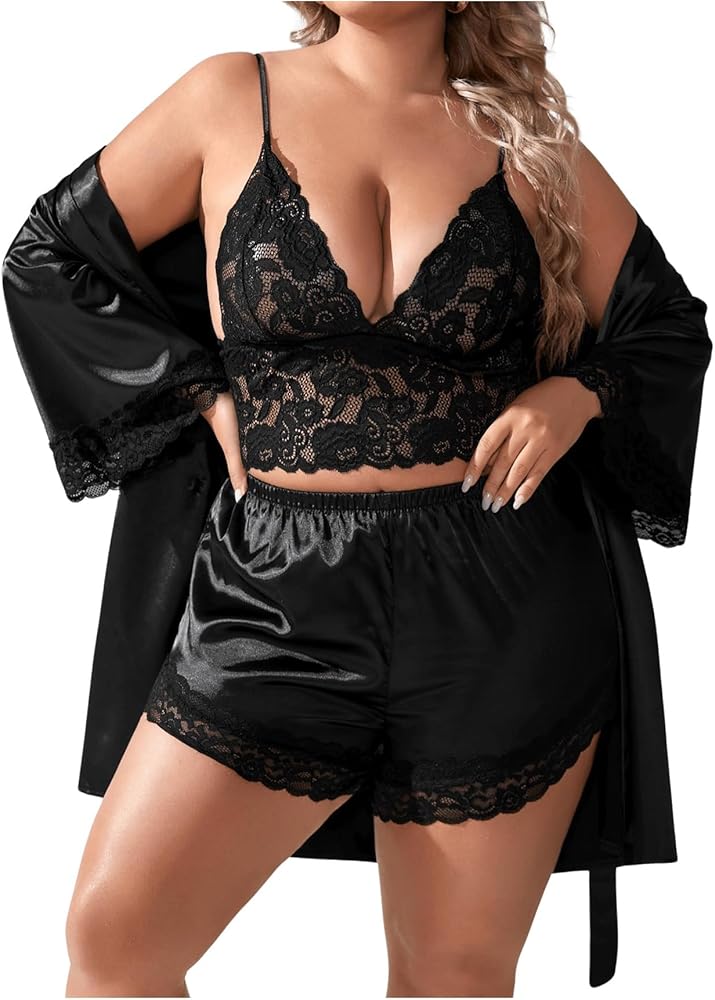 OYOANGLE Women's Plus Size 3 Piece Satin Pajama Set Floral Lace Cami Lingerie Sleepwear with Robes