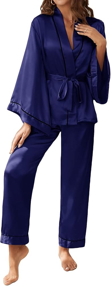 WDIRARA Women's Sleepwear Striped Satin Short Sleeve Shirt and Pants Pajama Set