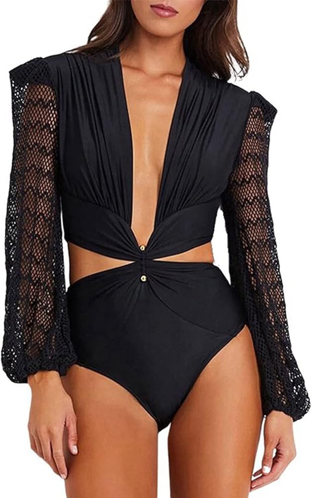 Sexy Cutout Puff Long Sleeve Bodysuit, Womens V-neck Slimming Fit Stretchy Jumpsuit Tops