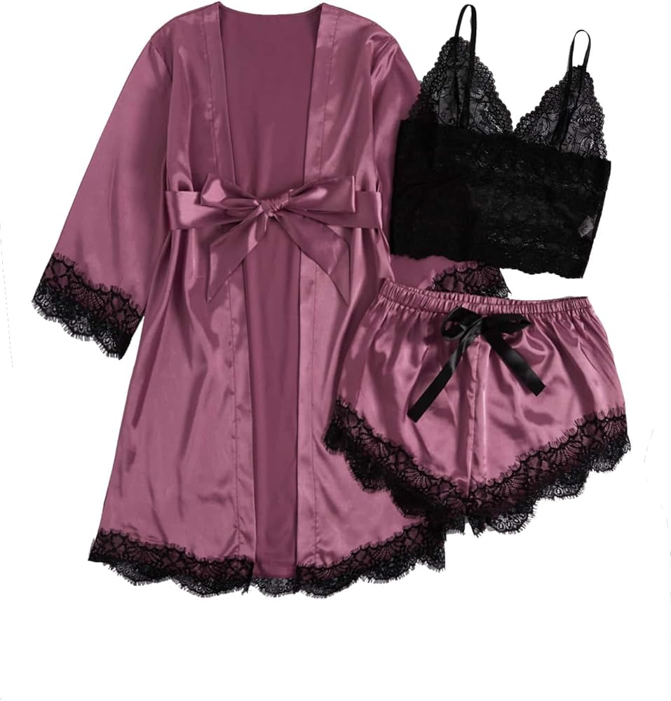 WDIRARA Women's 3pcs Satin Floral Lace Cami Top and Shorts Lingerie Pajama Set with Robe