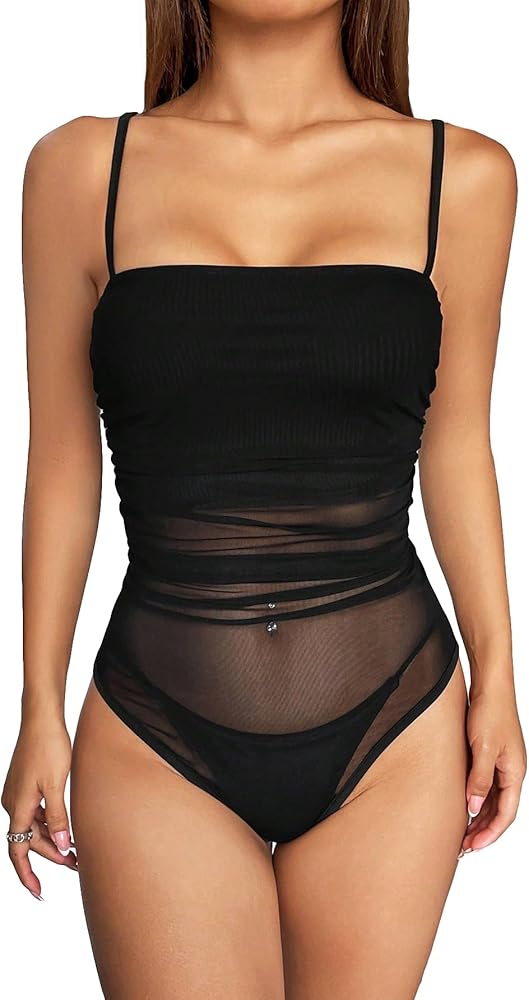 OYOANGLE Women's Mesh Sheer Sleeveless Spaghetti Strap Ruched Cami Bodysuit Tops Skinny Leotard Top