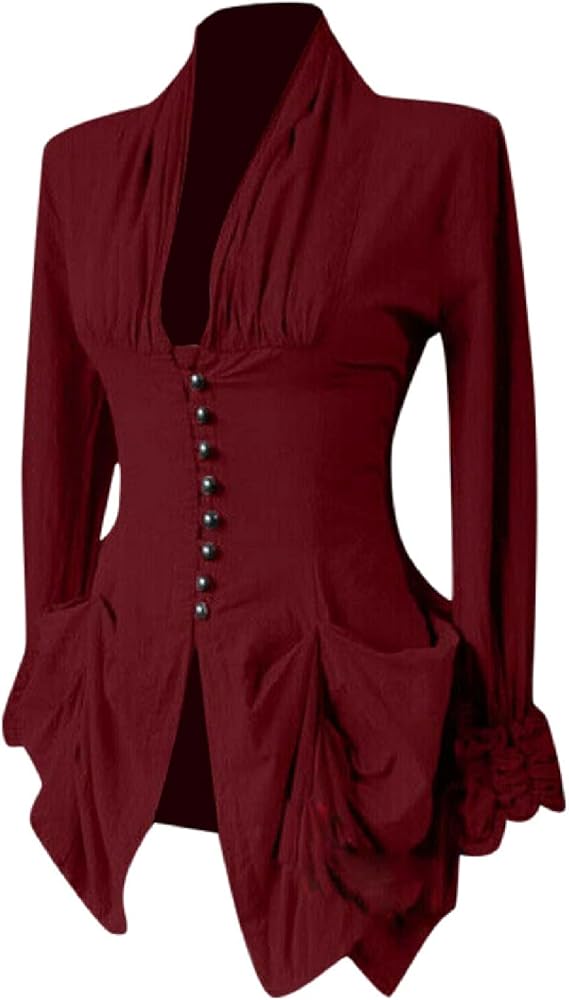 Women Vintage Victorian Blouse Gothic Steampunk Jacket Ruffled Long Sleeves Tunic Shirt Renaissance Medieval Tailcoat