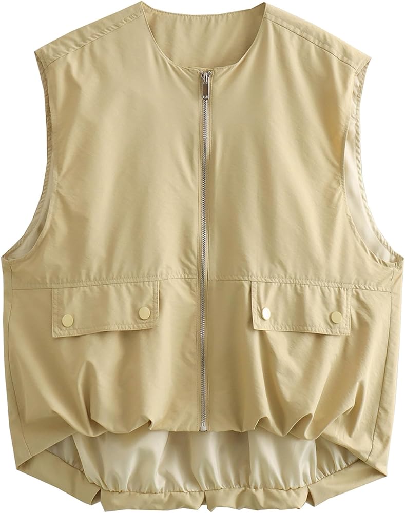 Women's Oversized Cargo Vest Casual Full Zip Up Ruched Hem Sleeveless Blazer Jackets Tops with Pockets(Khaki,XL)