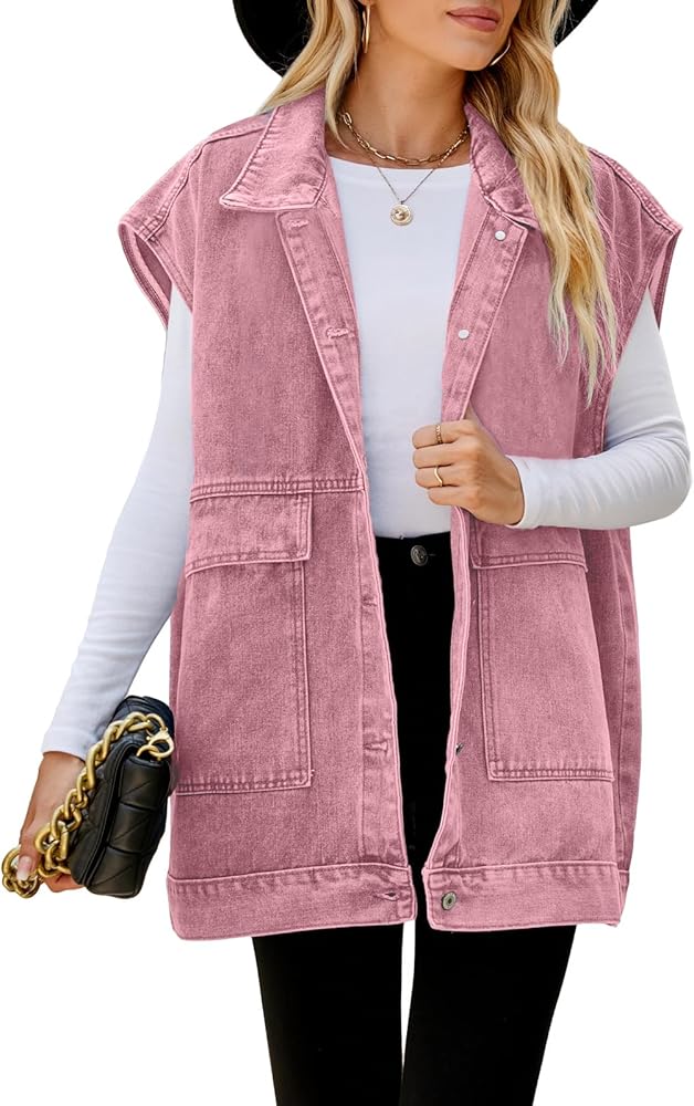 Xaspee Oversized Denim Vest Jacket for Women Lapel Collar Button Down Sleeveless Loose Jean Vest Outerwear Waistcoat