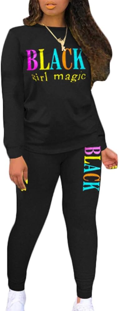 ECDAHICC Women‘s 2 Piece Set Outfits Sweatsuits Long Sleeve Shirt Bodycon Sweatpants Black Girl Magic Letter Printed