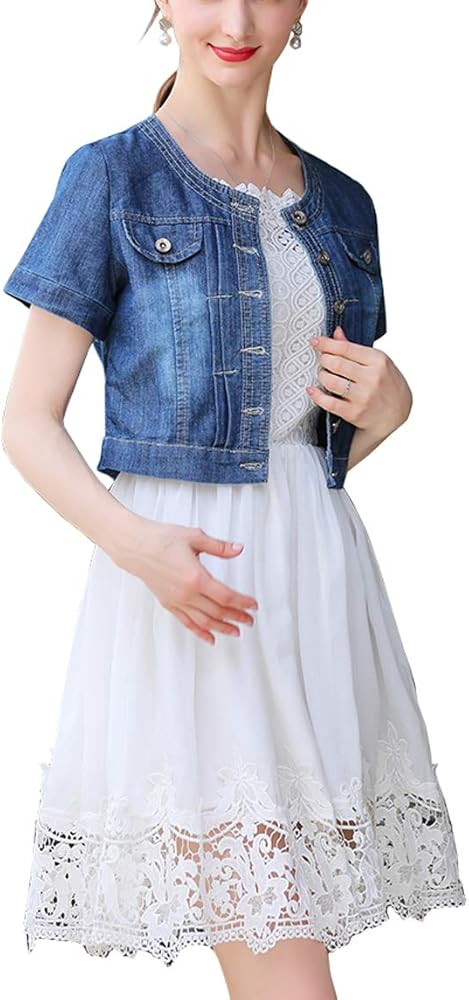 Trendy XU Women Summer Simple Short Sleeve Denim Jacket Collarless Cropped Slim Fit Jeans Shawl