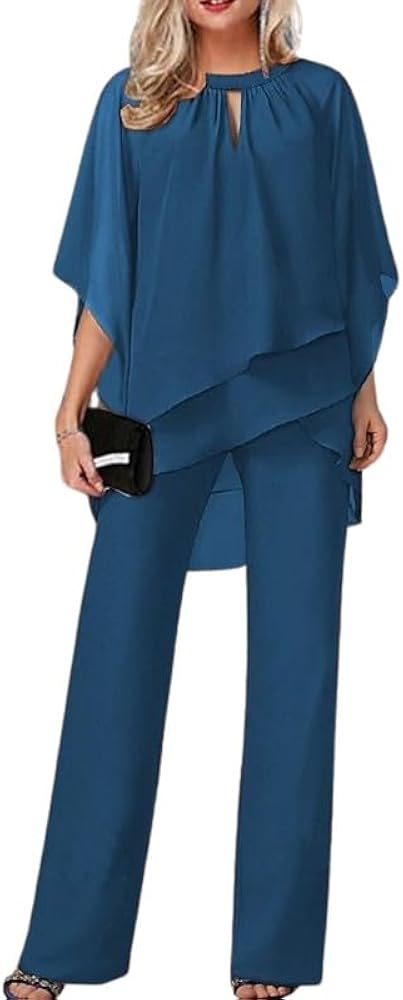 ZOCAVIA 2 Piece Chiffon Set for Women Summer Casual Short Sleeve Irregular Hem Cutout Neck Wide Leg Pants Suit Business Work Cocktail Party Blue XL