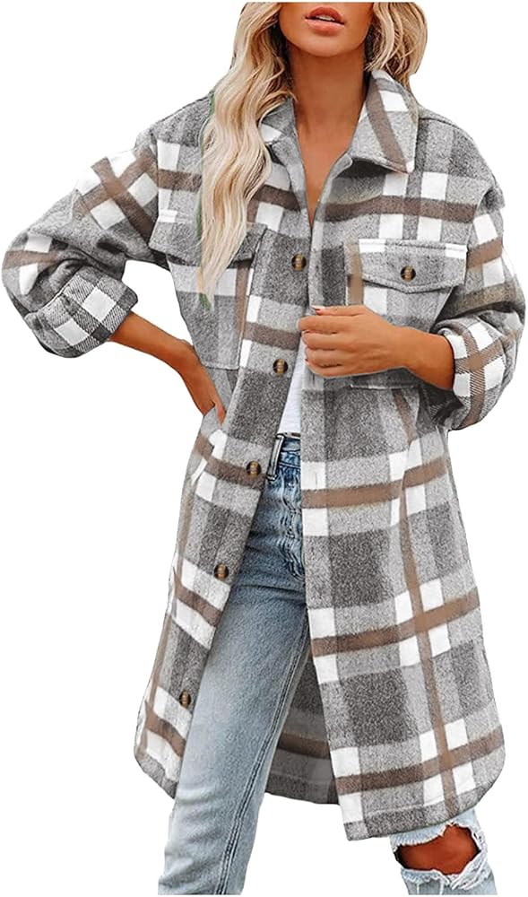 Women Office Plaid Printed Sweaters Shirt Long Sleeve Cardigan Tops Trendy Long Outwear Tee Flannel Plaid Shirts