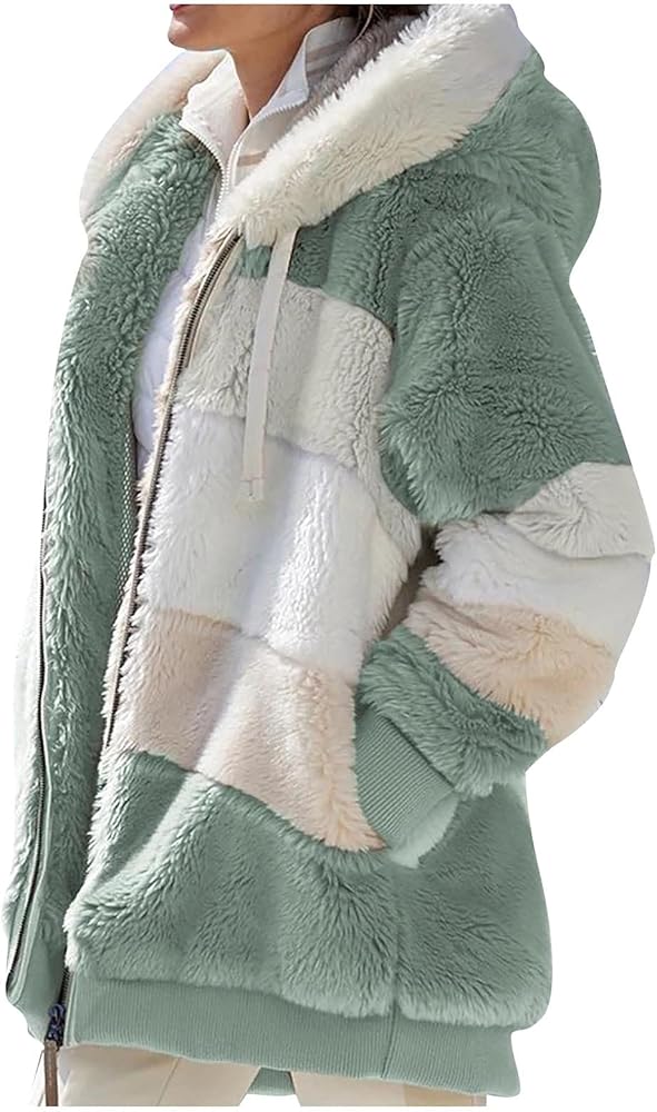 Jackets For Women, Fashion Splicing Winter Loose Plush Long Sleeve Zipper Pocket Hooded Coat Plus Size Women Fleece Jacket Coats Vests Outerwear Full Zip Jacket Shirts Jean (5XL, Green)