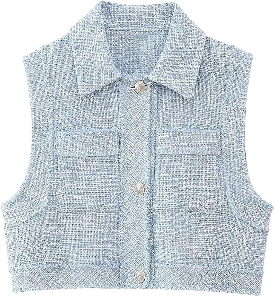 Womens Cropped Tweed Vest Button Down Sleeveless Office Blazer Jacket Waistcoat