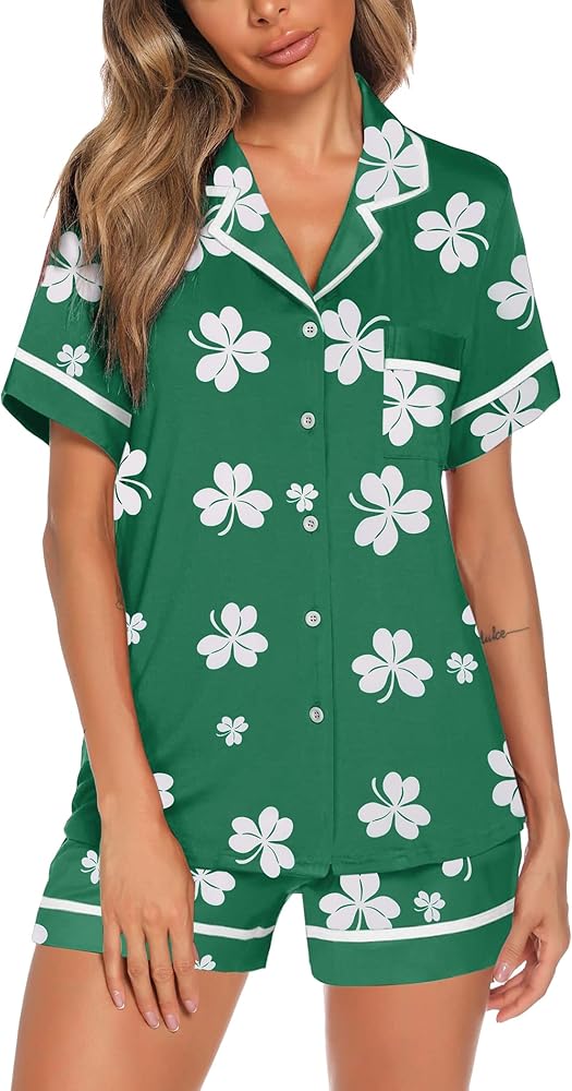 Ekouaer Womens st patricks day shirt Shamrock Lounge Set Cute Tops and Shorts Pajamas 2 Piece Nightwear Sleepwear