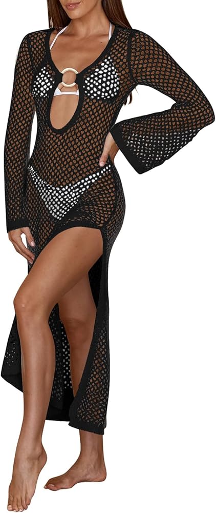 Saodimallsu Womens Crochet Cover Ups Sexy Mesh Long Sleeve Knit Split Swimsuit Coverup Summer Long Midi Beach Dress