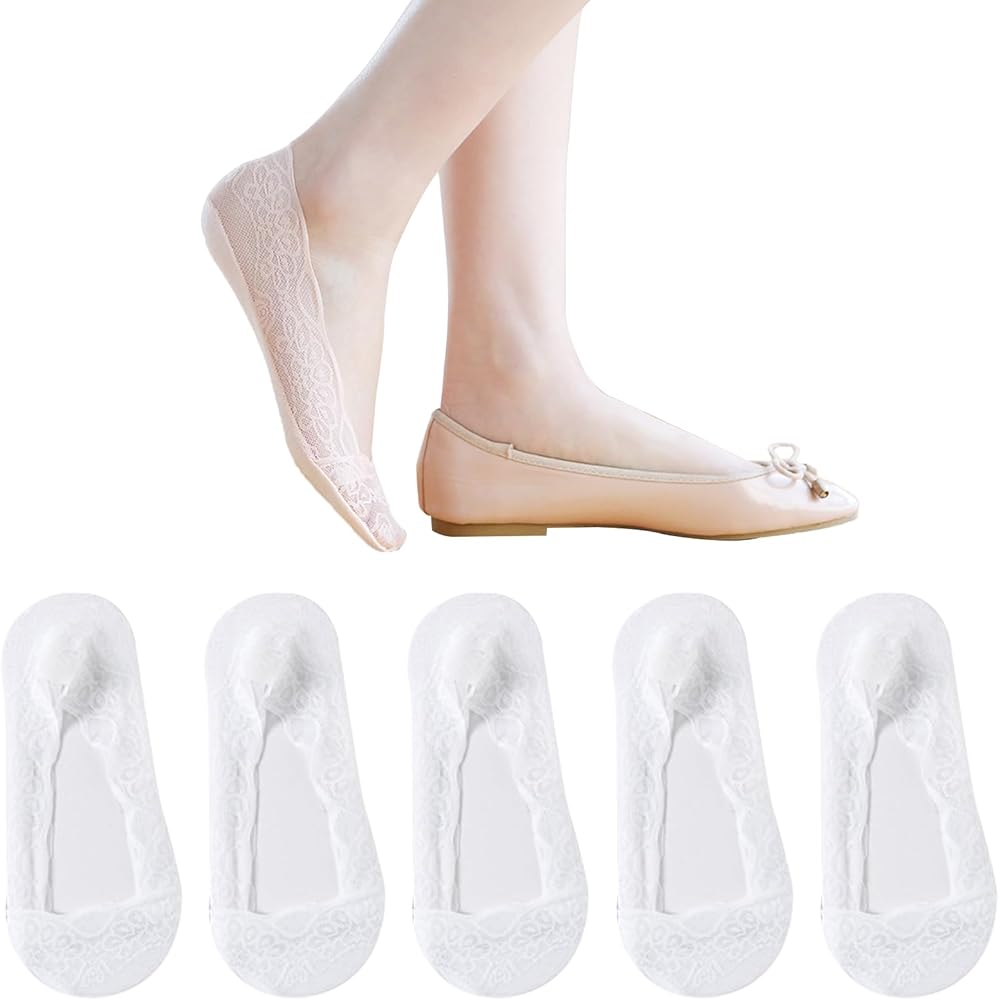 Lace No Show Liner Socks for Women, Women's Lace Casual No Show Non-skid Boat Socks Set of 5