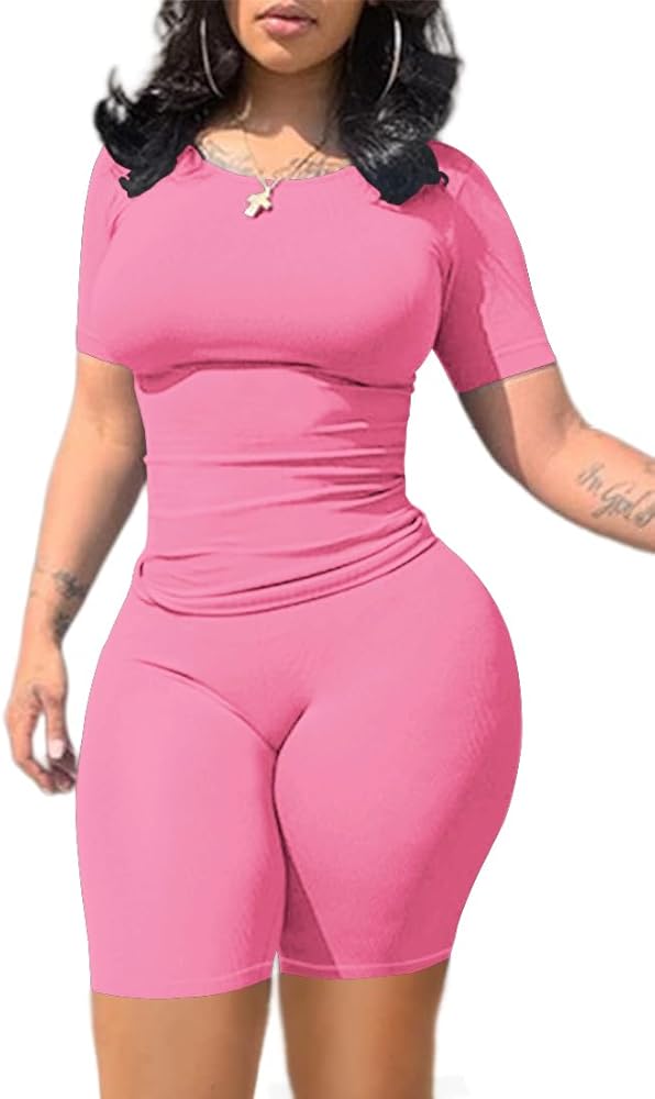 PINSV Lounge Wear Casual 2 Piece Outfits Sets for Women Skinny Crew Neck T-shirt High Waist Leggings Shorts Workout Set Pink 2XL