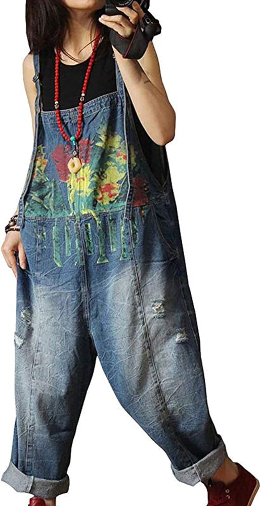 Flygo Women's Loose Baggy Denim Ripped Wide Leg Jumpsuit Rompers Overalls Harem Pants (One Size, Style 03 Blue)