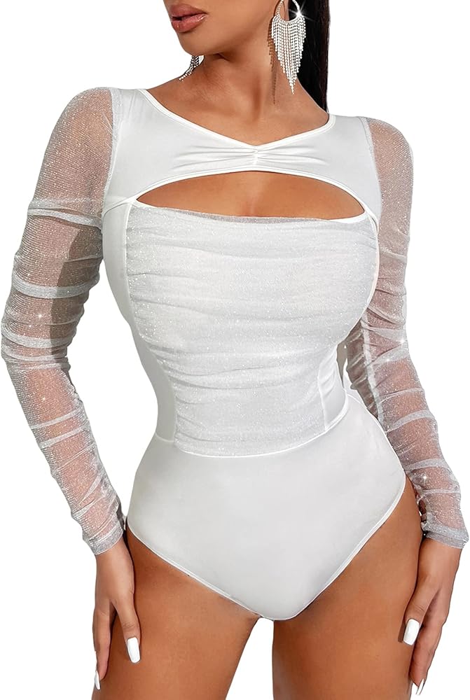 WDIRARA Women's Cut Out Ruched Sheer Mesh Long Sleeve V Neck Fitted Top Party Bodysuit