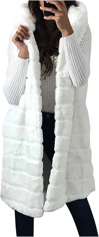 Women's Plus Size Faux Fur Vest Sleeveless Long Coat Open Front Hooded Cardigan Fuzzy Fleece Winter Jackets Women