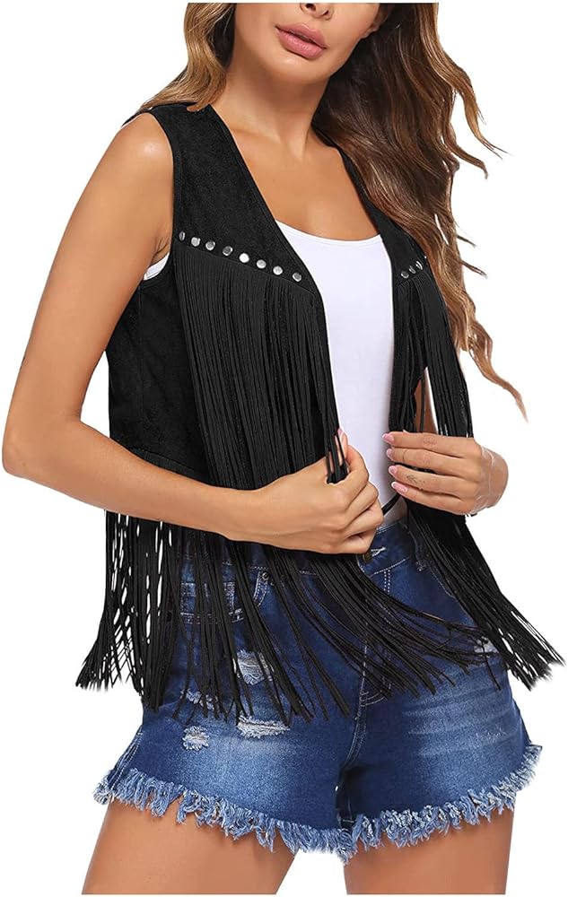 Women Tassel Vest 70s Hippie Faux Suede Rivets Sleeveless Fringe Jacket Cowgirl Vintage Western Outfits Tassel Vest