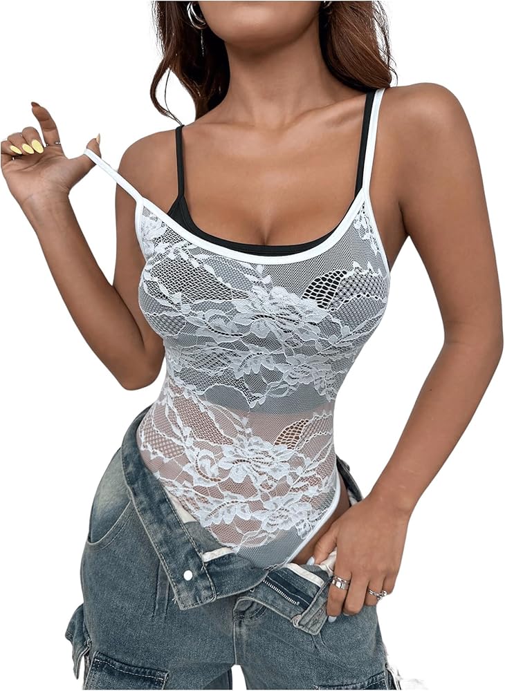 Floerns Women's Sheer Lace Sleeveless Scoop Neck Party Cami Bodysuit Tops