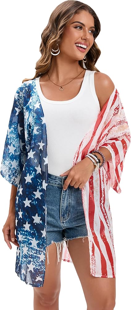 DDSOL Women's American Flag Kimono Cover up Beachwear Cardigan Loose Tops Shirt Blouse