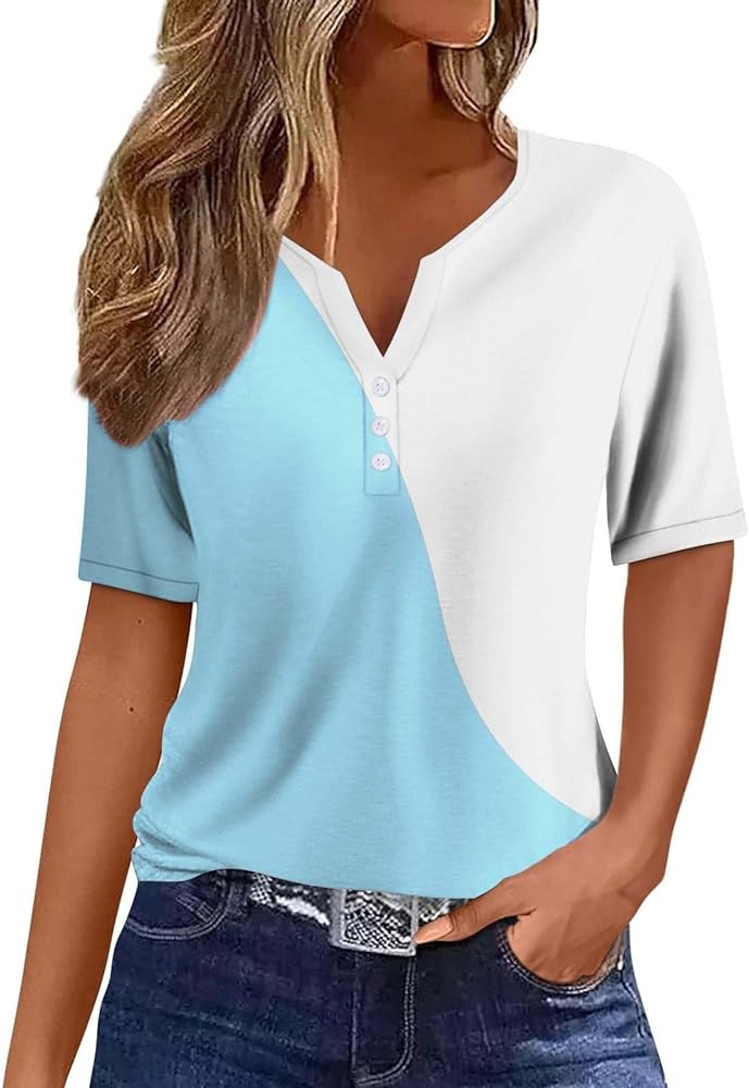 Women's Fashion Casual Solid Color Button Short Sleeve Top T Shirt Tees Tops for Women