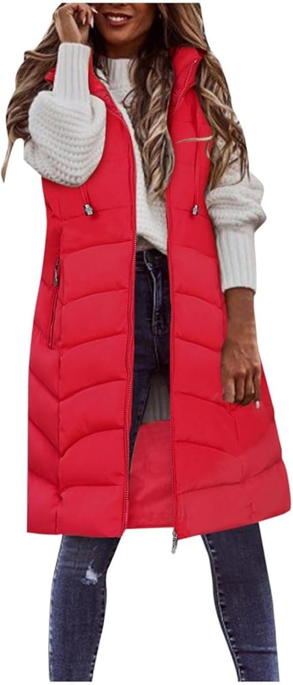 2023 Womens Plus Size Sleeveless Vests Fall Winter Warm Down Jacket Zip Up Long Puffy Coat Oversized Hooded Outerwear