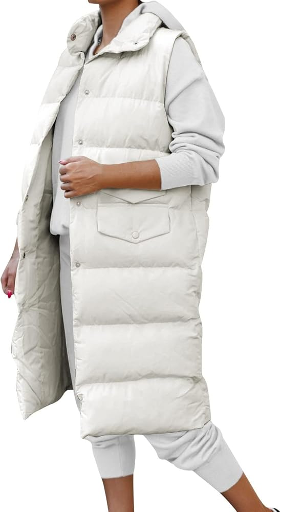 Womens Down Vest Sleeveless Long Coats Puffer Quilted Vest Jackets Stand Collar Thick Button Cotton-padded Outerwear