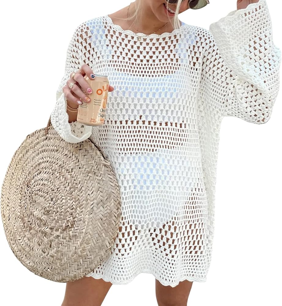 Yuemengxuan Women Crochet Swimsuit Hollow Out Cover Up Swimwear Summer Bathing Suit Knit Pullover Beach Dress Bikini