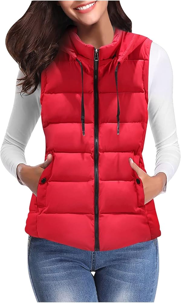 Down Puffer Vest Women Hooded Sleeveless Zip Up Puffy Quilted Vest Warm Winter Coats Insulated Jacket Slim Gilet Vest