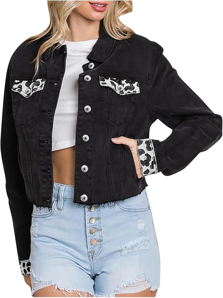 Leopard Print Patchwork Black Denim Jacket Womens Fashion Distressed Crop Jean Coat Hip Hop Y2k Washed Shacket Jacket