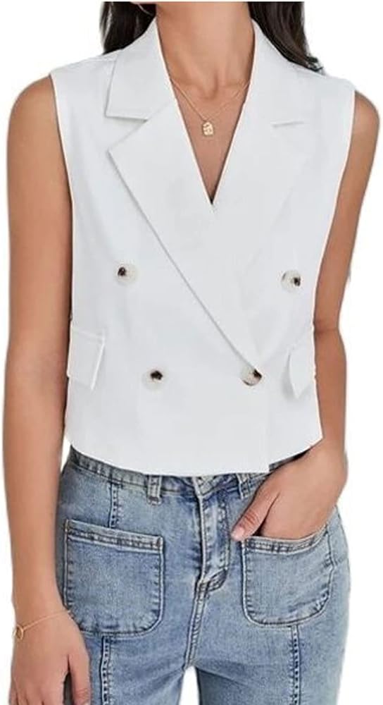 Vest Summer WomenVest Double Breasted Fashion Sleeveless Jacket White Slim Short Jacket Waistcoat Lady