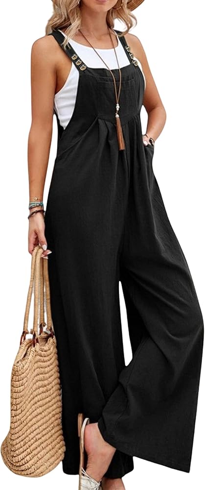 Women’s Loose Baggy Overalls Wide Leg Pleated Spaghetti Strap Jumpsuits Sleeveless Button Long Pants Rompers