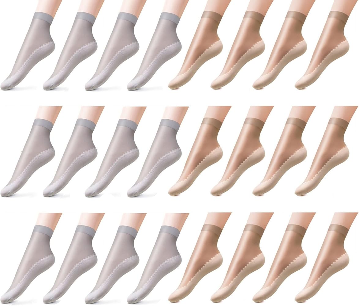 12 Pairs Women's Silky Anti-Slip Cotton Sole Sheer Ankle High Tights Hosiery Socks Reinforced Toe