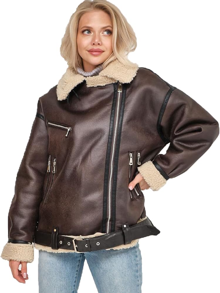 LY VAREY LIN Winter Women Faux Leather Jacket Sherpa Aviator Bomber Coat